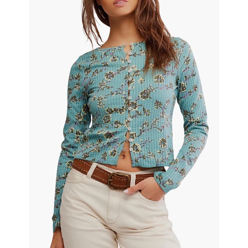 NWOT Free People Tilly Long-Sleeve Crop Cardigan Floral Lightweight Cotton XS